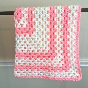 HANDMADE Crocheted Afghan Blanket Pink and White Open Stitch Baby Shower Gift